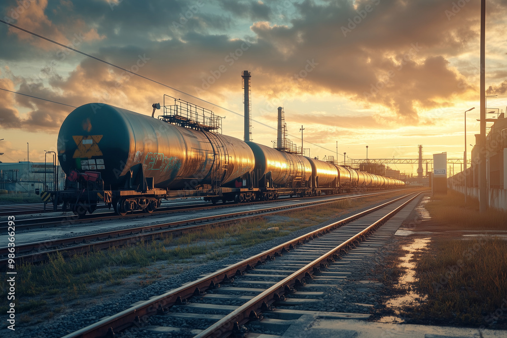 Train with petroleum container tank on railway with sunset view, Crude oil train at platform. Train with petroleum container tank on railway with sunset view, Crude oil train at platform.