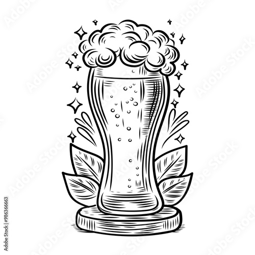 Beer glass with foam pattern, isolated, line art style, vector