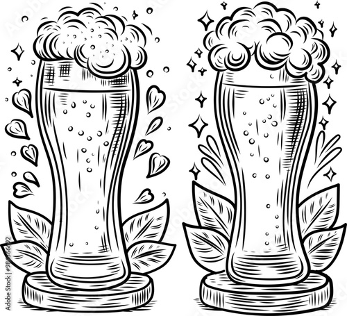 Beer glass with foam pattern, isolated, line art style, vector