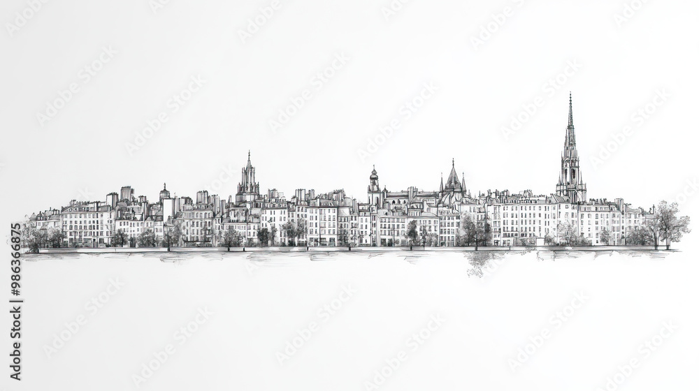 Obraz premium Nantes, France, black and white pen pencil hand-drawn effect drawing illustration for travel poster, card, wallpaper, backdrop or banner. Modern, clear, artistic and simple