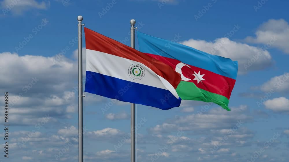 Azerbaijan and Paraguay flags flying together, video concept of the relationship, two country cooperation concept Azerbaijan and Paraguay flags flying together, video concept of the relationship, two country cooperation concept