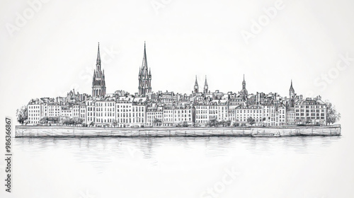 Nantes, France, black and white pen pencil hand-drawn effect drawing illustration for travel poster, card, wallpaper, backdrop or banner. Modern, clear, artistic and simple