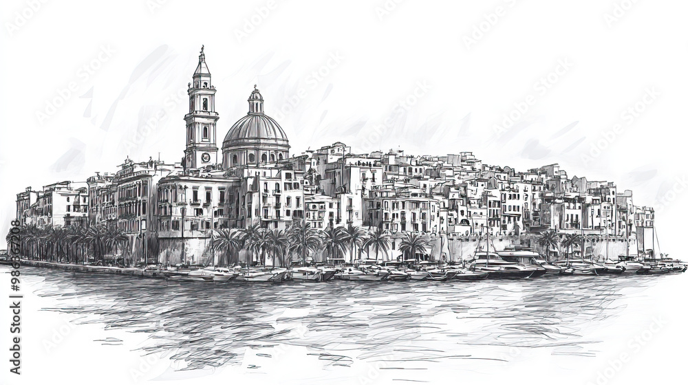 Naklejka premium Naples, Italy, black and white pen pencil hand-drawn effect drawing illustration for travel poster, card, wallpaper, backdrop or banner. Modern, clear, artistic and simple