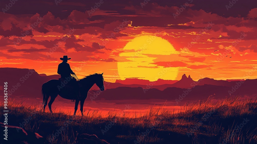 Fototapeta premium cowboy in silhouette riding horseback through the open western plains, surrounded by the wild west scenery and a breathtaking midwest sunset, symbolizing adventure and freedom