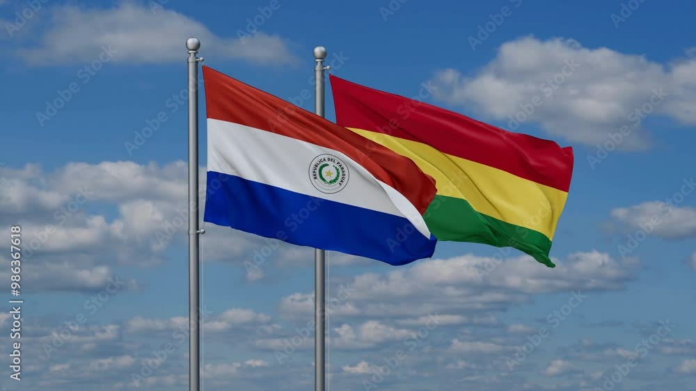 Bolivia and Paraguay flags flying together, video concept of the relationship, two country relations concept Bolivia and Paraguay flags flying together, video concept of the relationship, two country relations concept