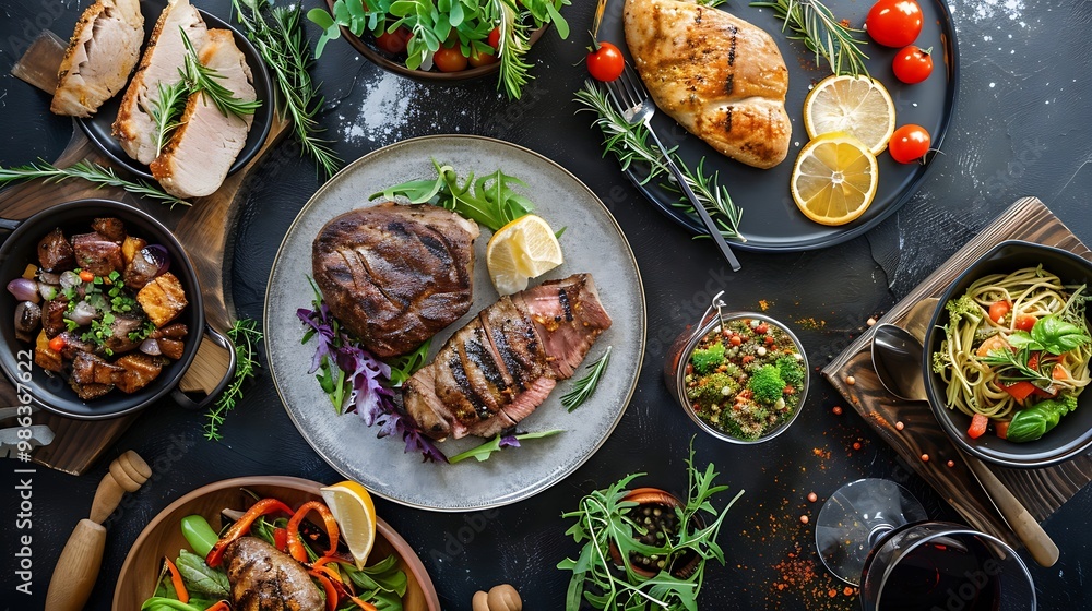 Top view of dinner table with grilled meat, baked potatoes and vegetables Top view of dinner table with grilled meat, baked potatoes and vegetables