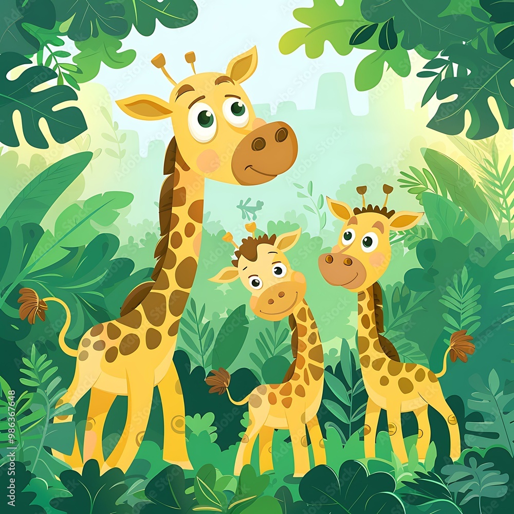 Fototapeta premium Three Giraffes in a Lush Jungle