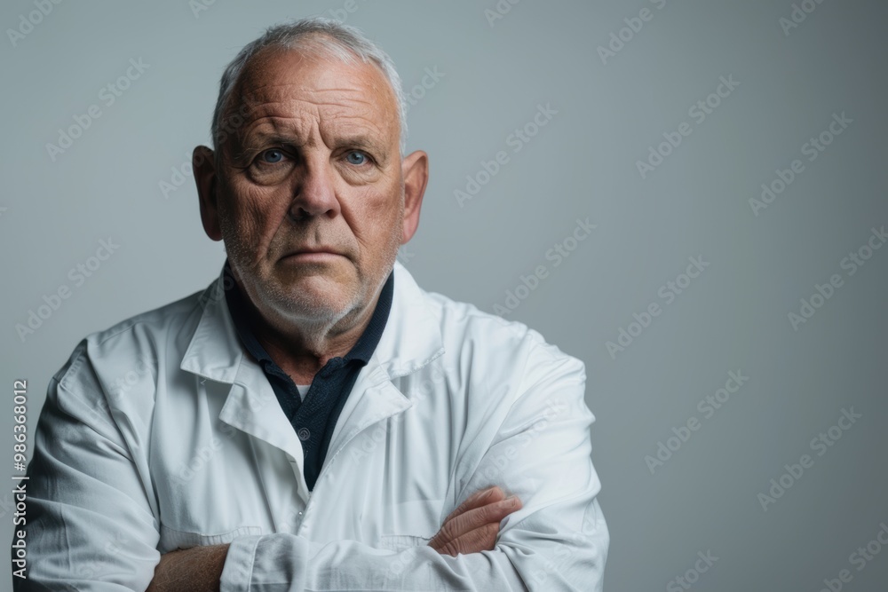 A man in a white lab coat is looking at the camera with a serious expression A man in a white lab coat is looking at the camera with a serious expression