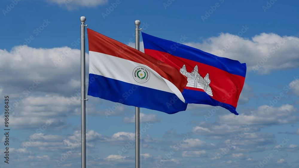 Cambodia and Paraguay flags flying together, video concept of the relationship, two country relations concept Cambodia and Paraguay flags flying together, video concept of the relationship, two country relations concept