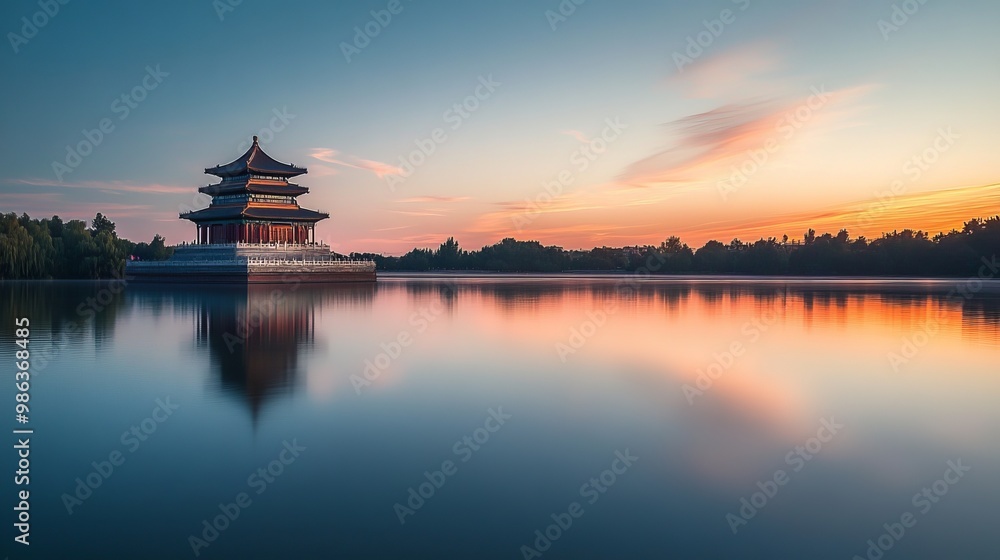 Obraz premium A serene view of the North-Western Corner Tower of the Forbidden City in Beijing, China, reflected beautifully in the calm waters at sunset