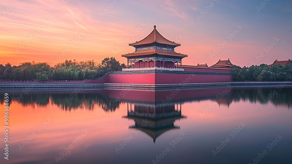 Obraz premium A serene view of the North-Western Corner Tower of the Forbidden City in Beijing, China, reflected beautifully in the calm waters at sunset