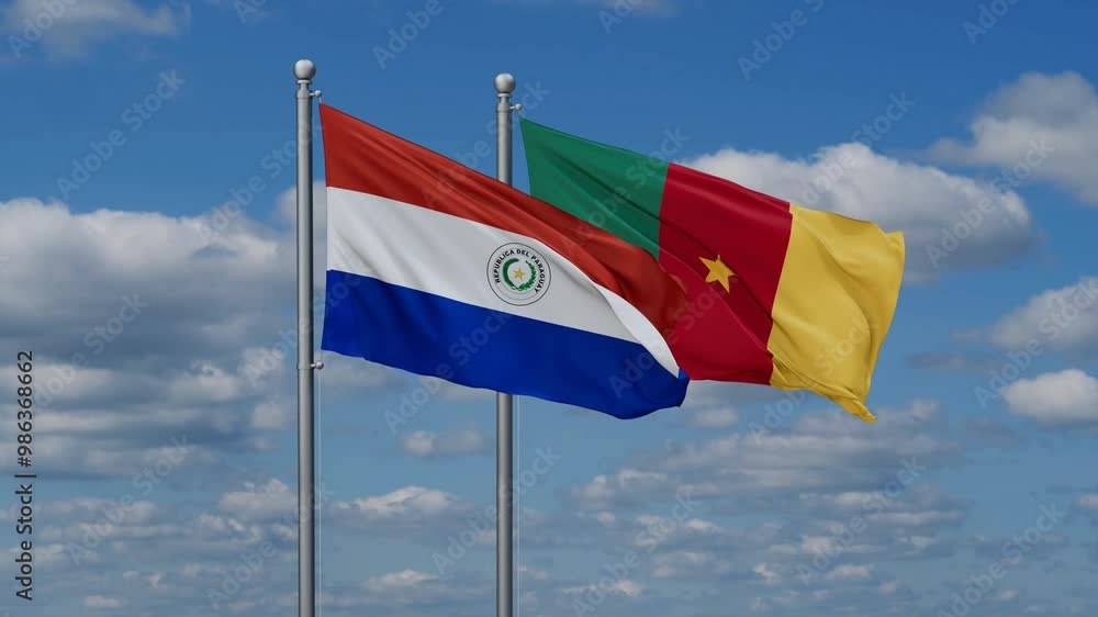 Cameroon and Paraguay flags flying together, video concept of the relationship, two country relations concept Cameroon and Paraguay flags flying together, video concept of the relationship, two country relations concept