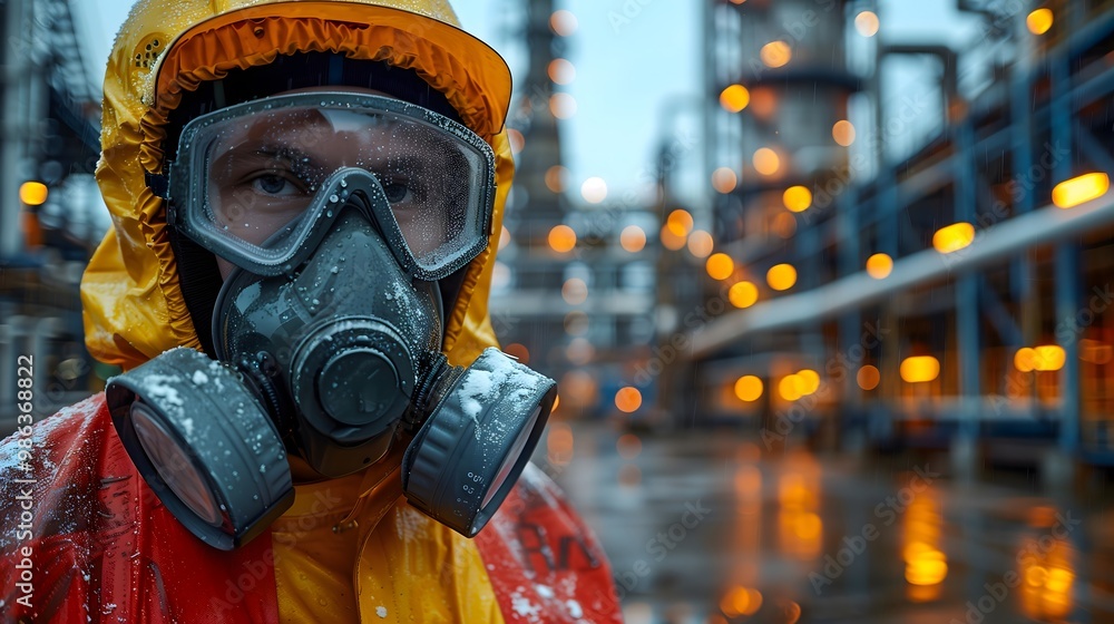 man in a set of personal protective equipment (PPE) against the background of a chemical plant man in a set of personal protective equipment (PPE) against the background of a chemical plant