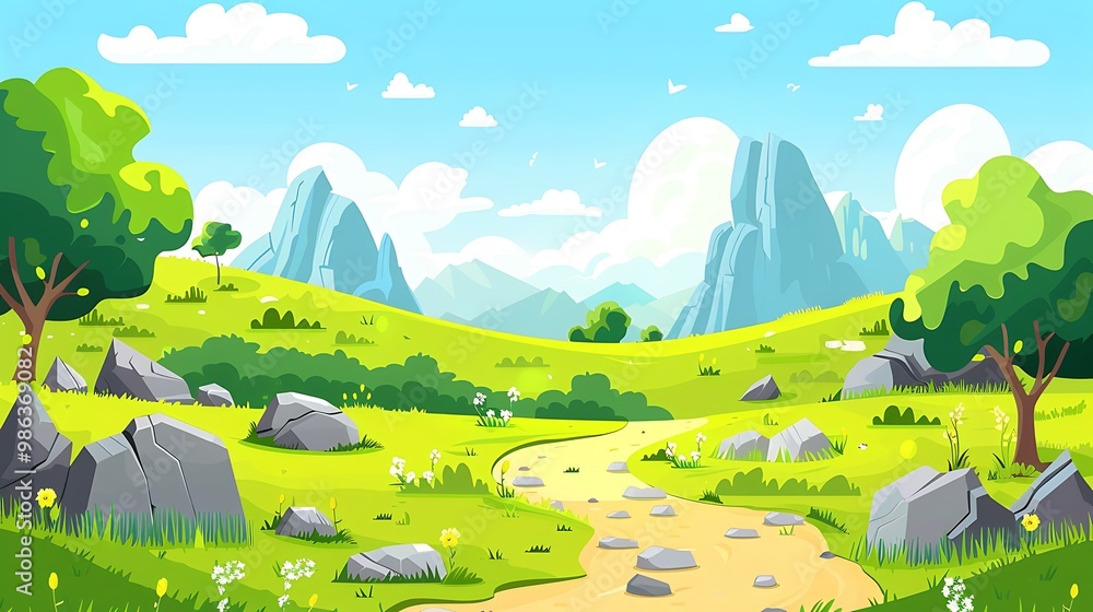 Naklejka premium Cartoon Green Meadow with Winding Path and Mountain Background