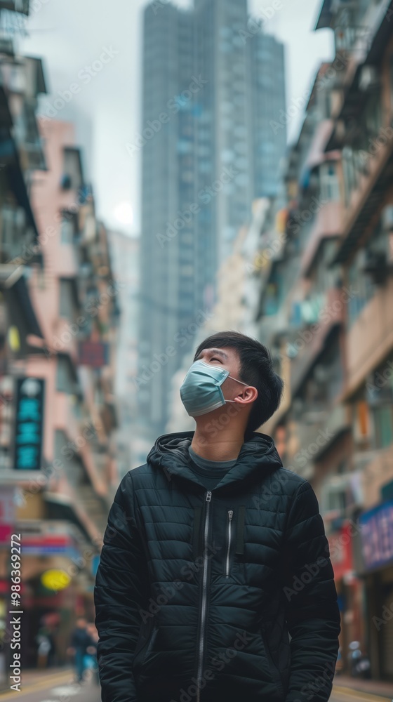 Young man wearing a surgical mask, looking up with hope on an urban street during the pandemic Young man wearing a surgical mask, looking up with hope on an urban street during the pandemic