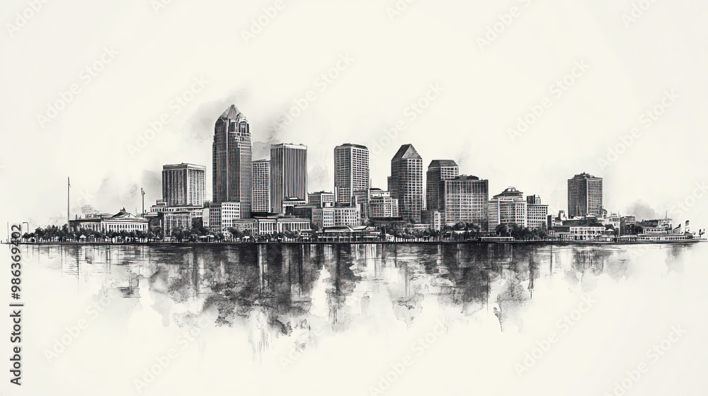 Fototapeta premium New Orleans, Louisiana, black and white pen pencil hand-drawn effect drawing illustration for travel poster, card, wallpaper, backdrop or banner. Modern, clear, artistic and simple