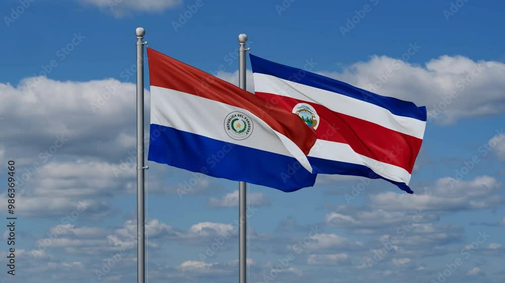 Costa Rico and Paraguay flags flying together, video concept of the relationship, two country cooperation concept Costa Rico and Paraguay flags flying together, video concept of the relationship, two country cooperation concept