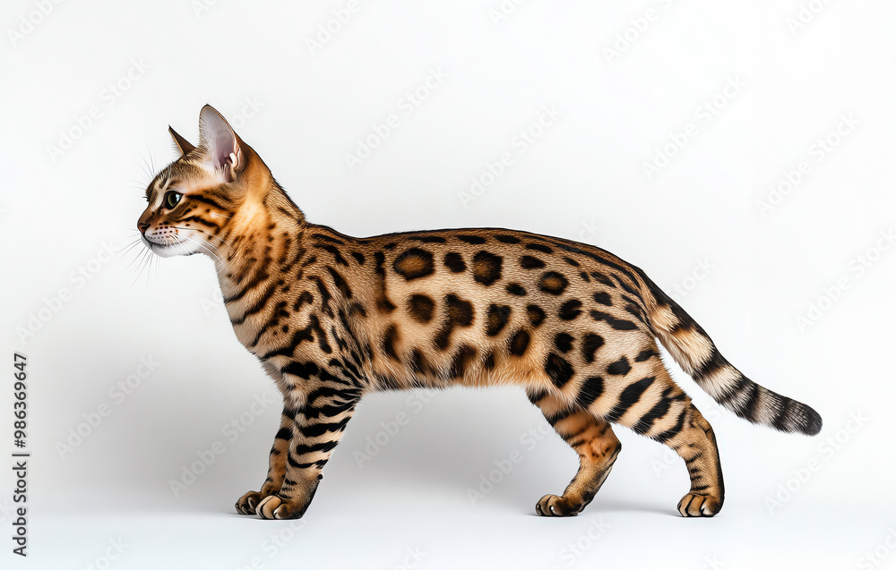 Obraz premium A graceful Bengal cat showcasing its distinctive spotted coat, perfect for capturing the beauty of exotic pets.