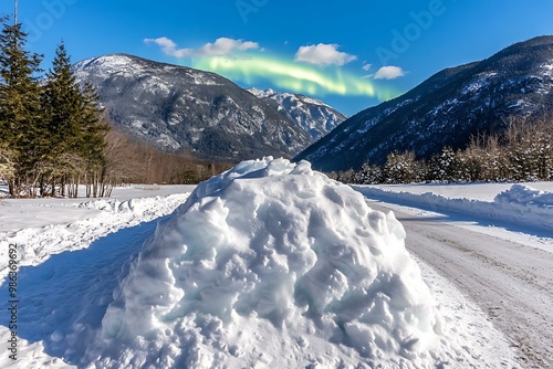 Snowy Mountain Road with Green Aurora Borealis photo