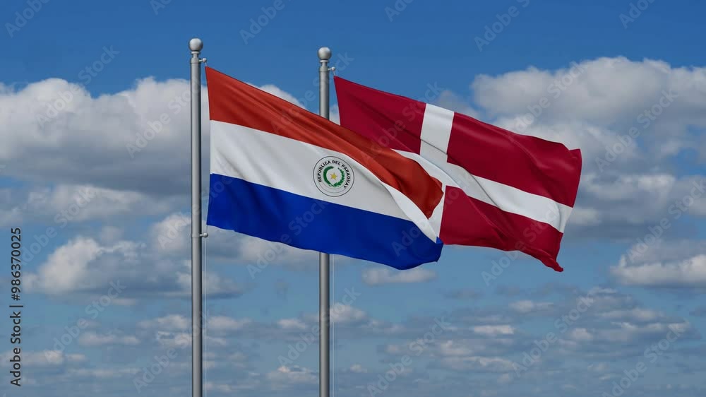 Denmark and Paraguay flags flying together, video concept of the relationship, two country relations concept Denmark and Paraguay flags flying together, video concept of the relationship, two country relations concept