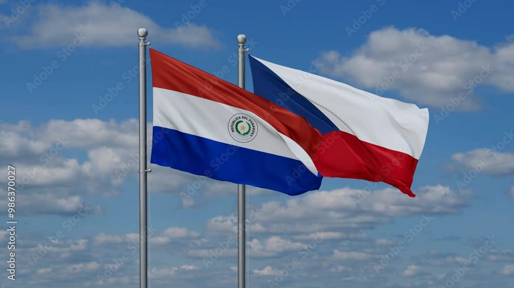 Czech Republic and Paraguay flags flying together, video concept of the relationship, two country relations concept Czech Republic and Paraguay flags flying together, video concept of the relationship, two country relations concept