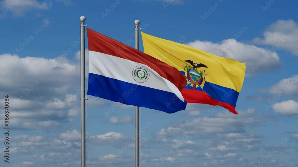 Ecuador and Paraguay flags flying together, video concept of the relationship, two country relations concept Ecuador and Paraguay flags flying together, video concept of the relationship, two country relations concept