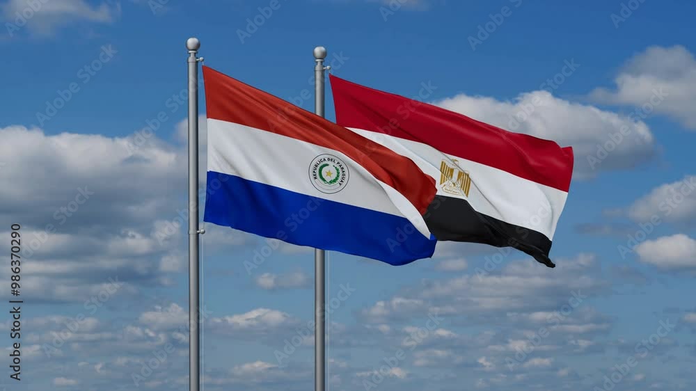 Egypt and Paraguay flags flying together, video concept of the relationship, two country relations concept Egypt and Paraguay flags flying together, video concept of the relationship, two country relations concept