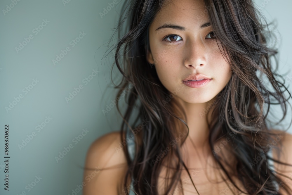 A woman with long hair is standing in front of a wall A woman with long hair is standing in front of a wall