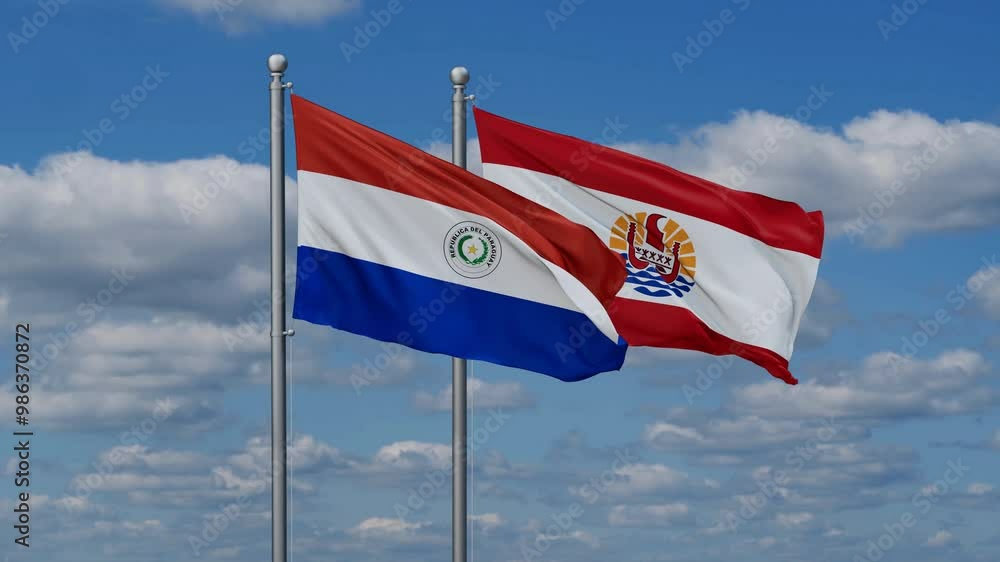 French Polynesia and Paraguay flags flying together, video concept of the relationship, two country relations concept French Polynesia and Paraguay flags flying together, video concept of the relationship, two country relations concept