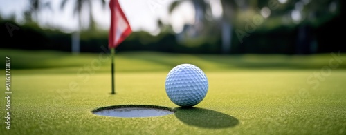 A golf ball is sitting on a green grass field next to a golf hole