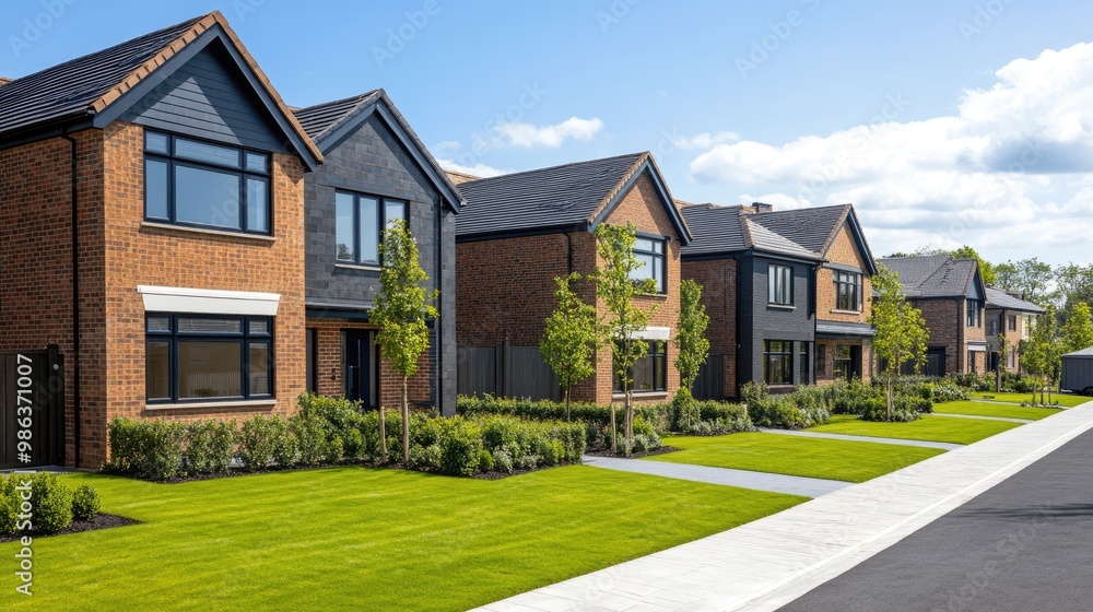 A row of newly built modern homes in the UK, featuring clean brickwork, large windows, and manicured lawns in a quiet suburban neighborhood. A row of newly built modern homes in the UK, featuring clean brickwork, large windows, and manicured lawns in a quiet suburban neighborhood.