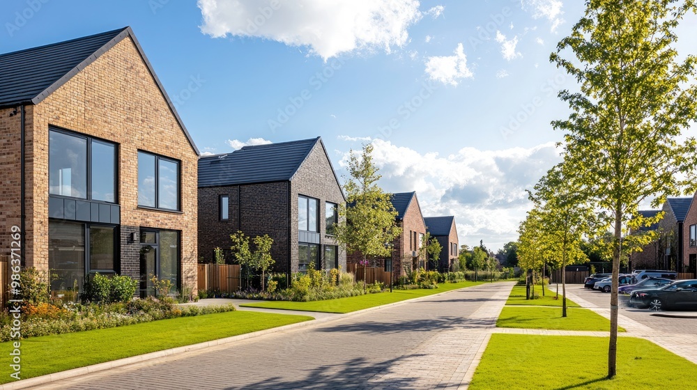 A row of newly built modern homes in the UK, featuring clean brickwork, large windows, and manicured lawns in a quiet suburban neighborhood.