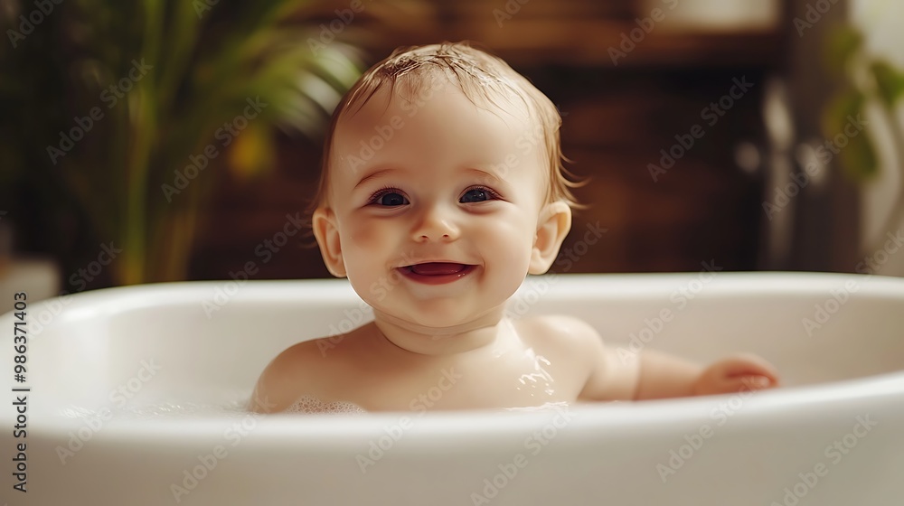 A joyful baby enjoying a bath in a tub, surrounded by a serene environment. A joyful baby enjoying a bath in a tub, surrounded by a serene environment.