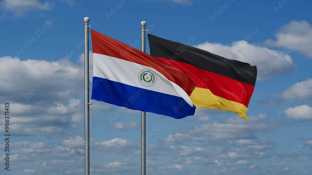 Germany and Paraguay flags flying together, video concept of the relationship, two country relations concept Germany and Paraguay flags flying together, video concept of the relationship, two country relations concept