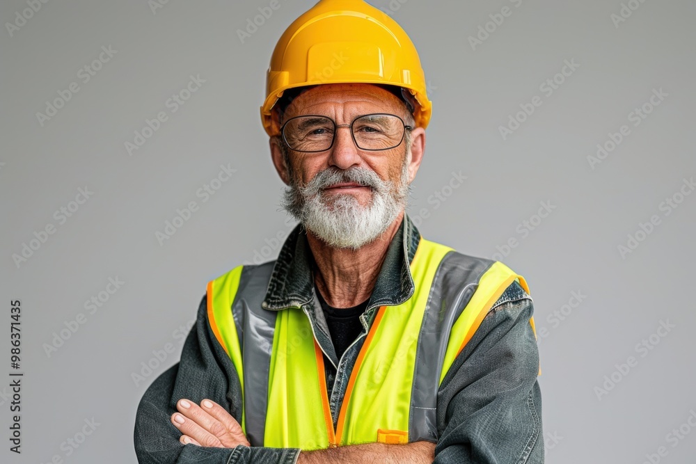 A man wearing a yellow safety vest and a hard hat A man wearing a yellow safety vest and a hard hat
