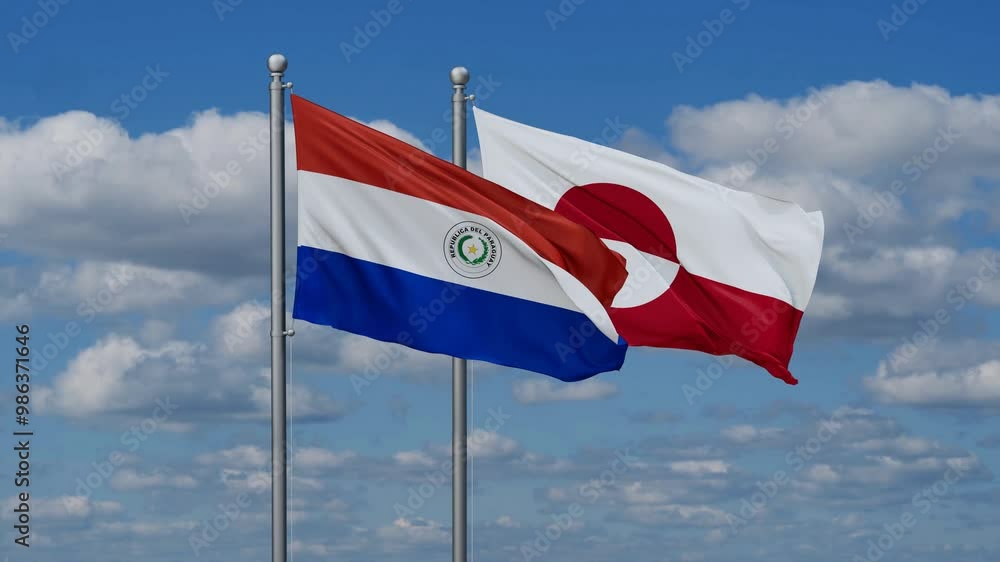 Greenland and Paraguay flags flying together, video concept of the relationship, two country relations concept Greenland and Paraguay flags flying together, video concept of the relationship, two country relations concept
