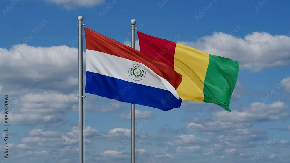 Republic of Guinea or Guinea-Conakry and Paraguay flags flying together, video concept of the relationship, two country relations concept Republic of Guinea or Guinea-Conakry and Paraguay flags flying together, video concept of the relationship, two country relations concept