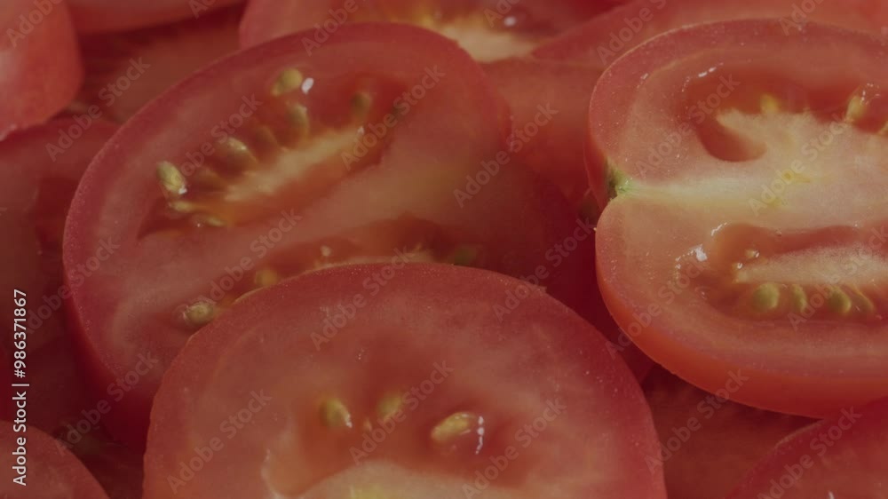Fresh tomatoes sliced in pile background rotating macro Fresh tomatoes sliced in pile background rotating macro