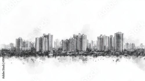 Noida, India, black and white pen pencil hand-drawn effect drawing illustration for travel poster, card, wallpaper, backdrop or banner. Modern, clear, artistic and simple photo