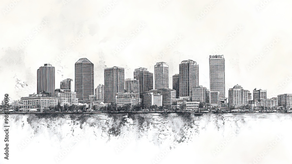 Obraz premium Norfolk, Virginia, black and white pen pencil hand-drawn effect drawing illustration for travel poster, card, wallpaper, backdrop or banner. Modern, clear, artistic and simple