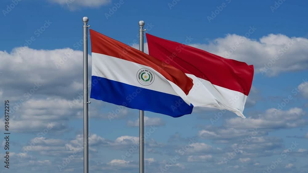 Indonesia and Paraguay flags flying together, video concept of the relationship, two country relations concept Indonesia and Paraguay flags flying together, video concept of the relationship, two country relations concept