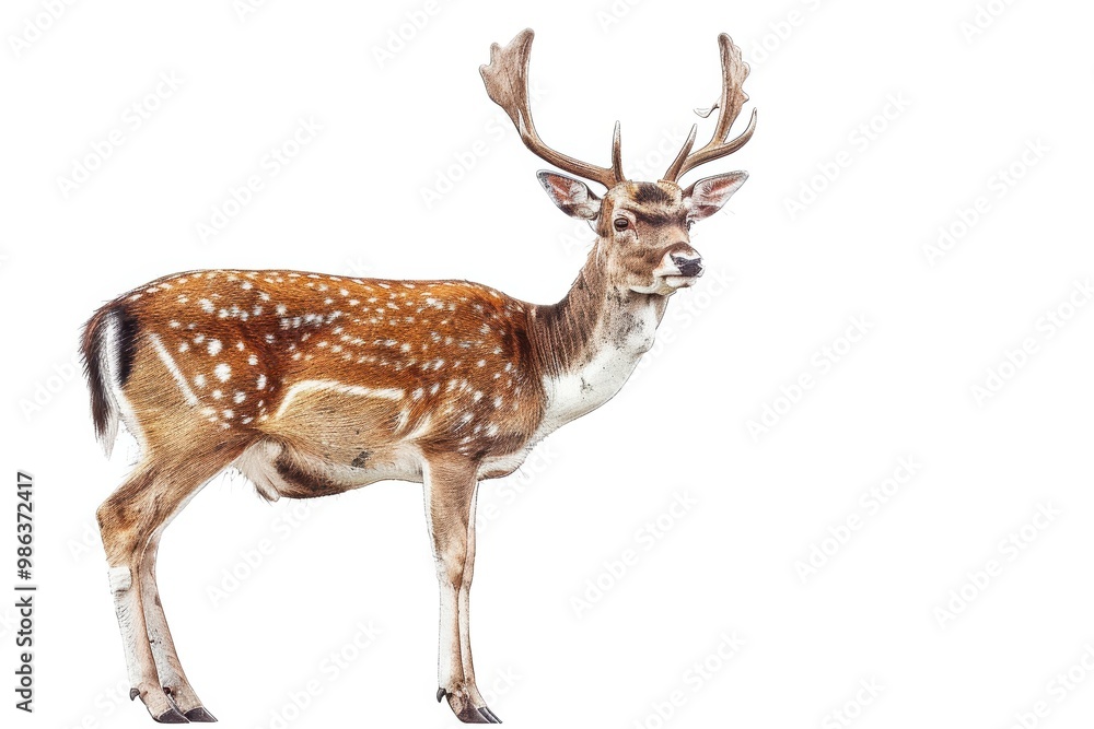 Obraz premium A deer with antlers stands in front of a white background