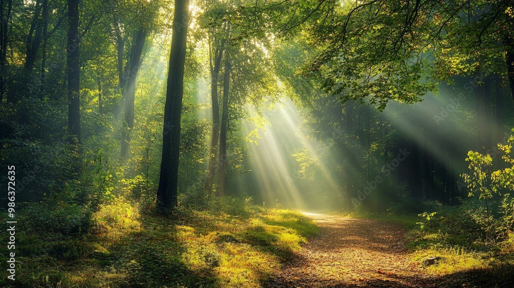Fototapeta premium Sunbeams Illuminating a Path Through a Misty Forest