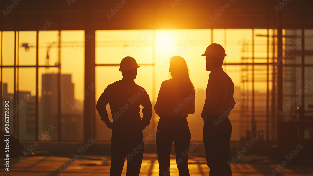 Construction workers discussing plans during sunset at a job site in an urban area Construction workers discussing plans during sunset at a job site in an urban area