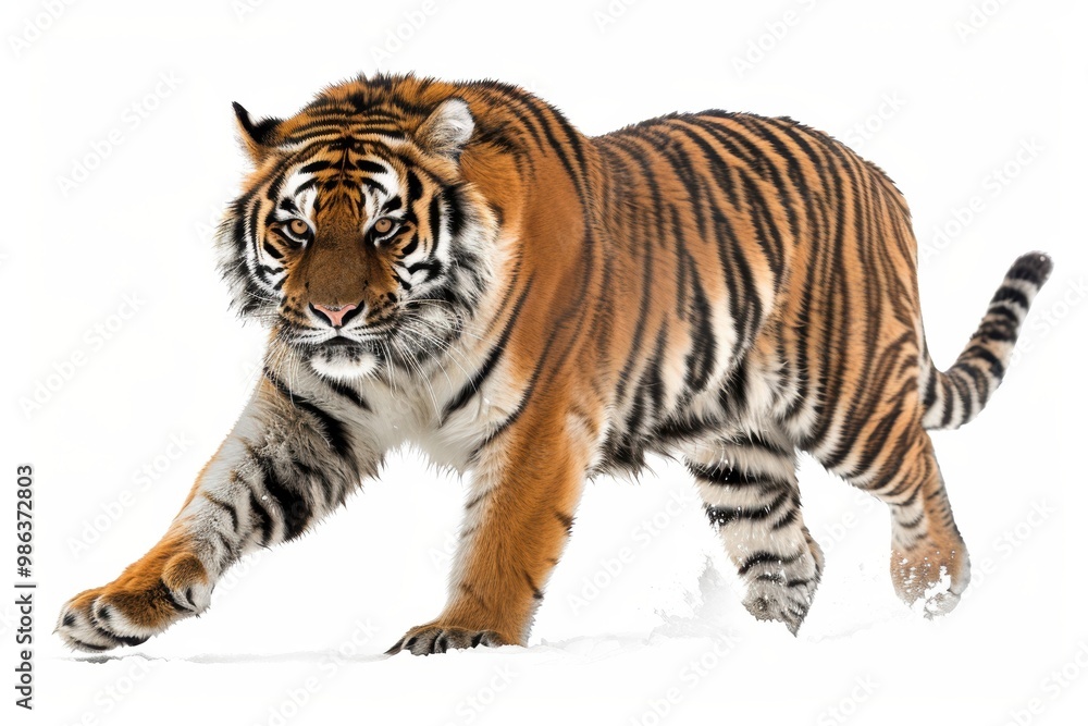 Fototapeta premium A tiger is walking on a snowy surface