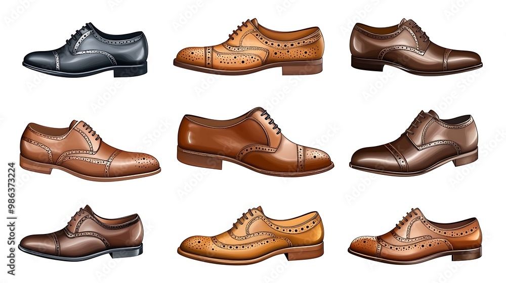 A variety of stylish dress shoes in different colors and designs. A variety of stylish dress shoes in different colors and designs.