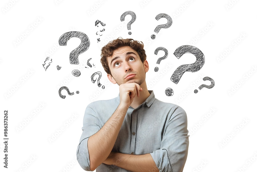 thinking man with puzzled expression and with question marks around him	