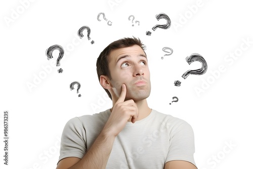 thinking man with puzzled expression and with question marks around him 