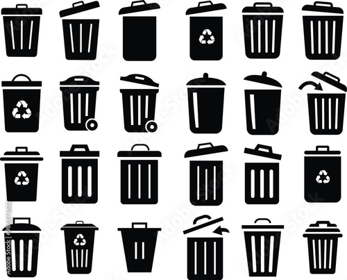 Trash bin icons set. Black vectors trash dustbin signs elements. Recyclable Waste flat vectors Designs isolated on transparent background. Waste sorting containers. Suitable for Web Page, Mobile App.