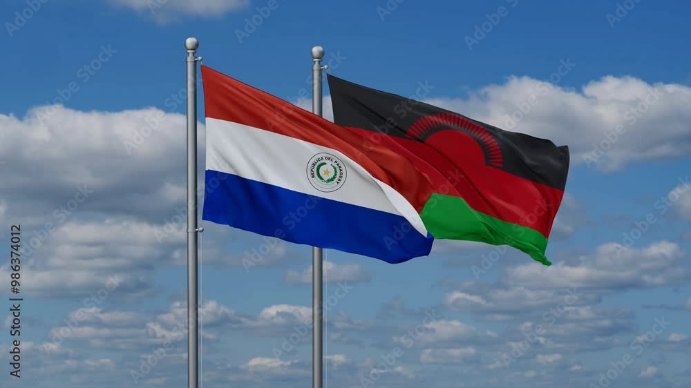Malawi and Paraguay flags flying together, video concept of the relationship, two country relations concept Malawi and Paraguay flags flying together, video concept of the relationship, two country relations concept